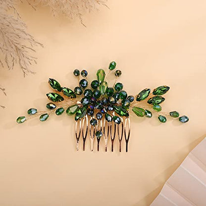 Teyglen Rhinestone Wedding Headpieces Bridal Green Crystal Hair Comb Hair Accessories for Bride Handmade Red Black Blue Hair Pieces for Women Girls(Green) - color: Green