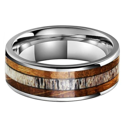 TUTISS 8mm Silver Black Tungsten Rings for Men Women Wedding Bands Whisky Barrel Wood Deer Antler Inlay Flat Polished Shiny Comfort Fit - color: 8mm Tungsten