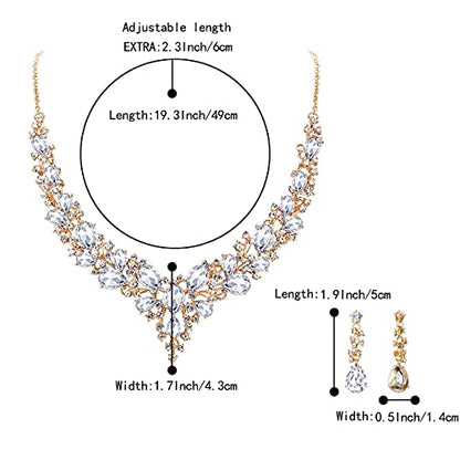 Women's Wedding Statement Necklace Dangle Earring Jewelry | Austrian Crystal Teardrop Cluster,Necklaces Earrings Set for Bride Bridesmaid,Prom Accessories - color: 09-Clear Gold-Plated-Base