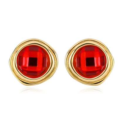 Gold Irregular Round Stud Earrings for Women 14K Gold Plated Crystal Rhinestone Stud Earrings Cubic Zirconia Statement Earrings Trendy Party Jewelry Gift for Women, Vintage Red Gemstone & Transparent
