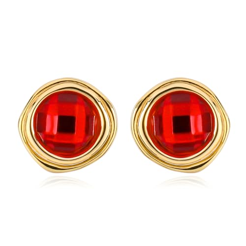 Gold Irregular Round Stud Earrings for Women 14K Gold Plated Crystal Rhinestone Stud Earrings Cubic Zirconia Statement Earrings Trendy Party Jewelry Gift for Women, Vintage Red Gemstone & Transparent