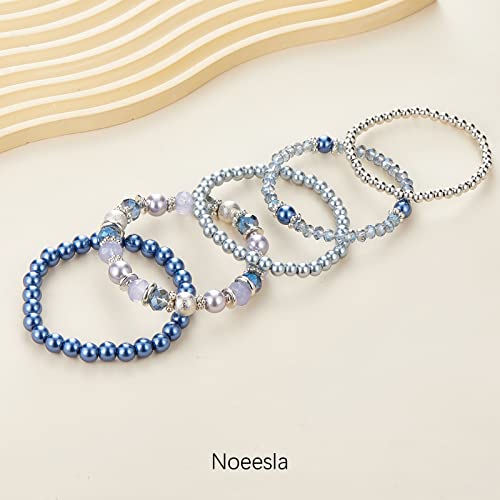 Noessla Beaded Pearl Stretch Bracelet Silver Stackable Crystal Beads Bracelets Trendy Costume Jewelry Mothers Day Gifts for Women - color: Blue