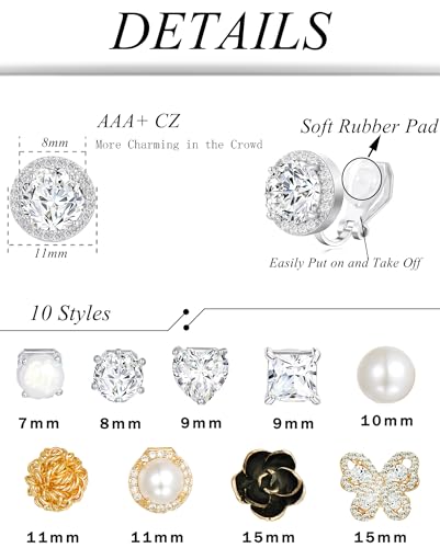Tornito 10-15 Pairs Clip on Stud Earrings Non Pierced Teardrop Round Square CZ Pearl Twist Knot Flower Butterfly Heart Star Rainbow Cat Opal Clip on Earrings for Women - color: H: 10 Pairs