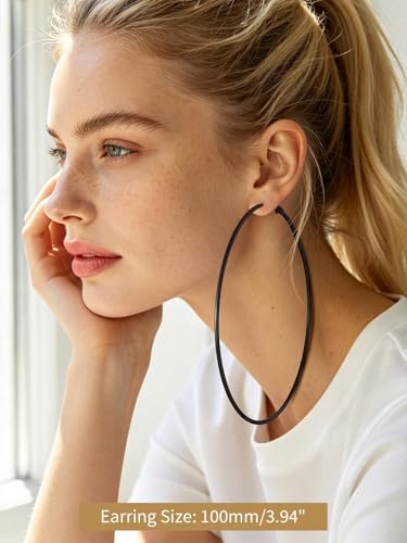 FindChic Thin Hoop Earrings for Women,Silver/Black/Gold Plated 20-100mm - color: Black, size: 100mm
