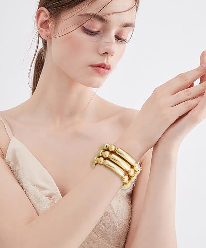 LALAPPLE Gold Plated Beaded Acrylic Bamboo Tube Bangle Bracelets for Women, Colorful Chunky Curved Tube With Gold Plated Pieces Beads Stretch Bracelet Friendship Summer Beach Jewelry - color: Y-gold 3pcs