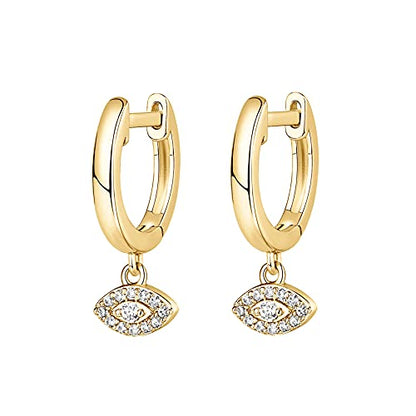 PAVOI 14K Gold Plated Huggie Hoop Earrings with Charms for Women - 925 Sterling Silver Posts Dainty Motif Huggie Hoop Dangle Earrings - Lightweight Dangle Drop Jewelry with Cubic Zirconia - style: Evil Eye