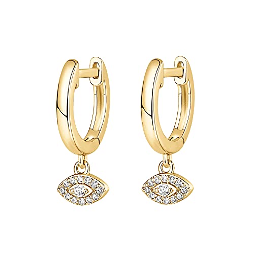 PAVOI 14K Gold Plated Huggie Hoop Earrings with Charms for Women - 925 Sterling Silver Posts Dainty Motif Huggie Hoop Dangle Earrings - Lightweight Dangle Drop Jewelry with Cubic Zirconia - style: Evil Eye