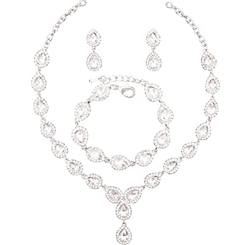 Austrian Crystal Rhinestone Necklace Dangle Earrings Link Bracelet Jewelry Set for Brides Bridesmaid Prom Costume Accessories for Women - color: White-Platinum Plated