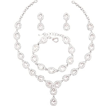 Austrian Crystal Rhinestone Necklace Dangle Earrings Link Bracelet Jewelry Set for Brides Bridesmaid Prom Costume Accessories for Women - color: White-Platinum Plated
