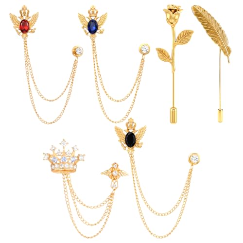 Yuanchu 6 PCS Brooch Pin, Crystal Crown Brooches Pins | Brooch Pin with Chain Tassel Rose Lapel Pins Suit Tuxedo Brooches for Men