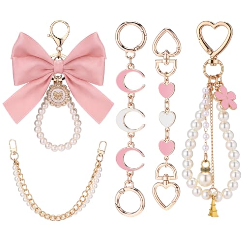 Sureio 5 Pcs Bag Extender Chain Pearl Purse Chain Ribbon Bow Keychain Extender Bag Strap Purse Charms Accessories for Handbag - color: Pink and White