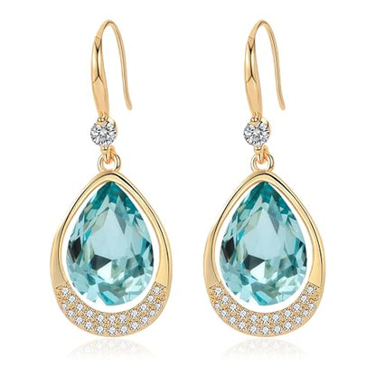 Austrian Crystal Halo Teardrop Hollow Drop Dangle Earrings for Women 14K Rose Gold Plated Hypoallergenic Jewelry Gifts - color: Aquamarine