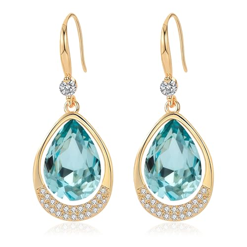 Austrian Crystal Halo Teardrop Hollow Drop Dangle Earrings for Women 14K Rose Gold Plated Hypoallergenic Jewelry Gifts - color: Aquamarine