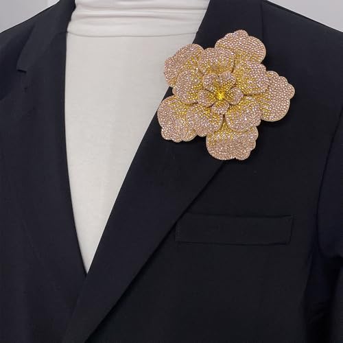 Rhinestone Flower Brooch Pin for Women Men Elegant Sparkly Crystal Camellia Floral Lapel Pins Shawl Dress Suit Clothes Accessories Wedding Party Fashion Jewelry 105mm - color: Champagne