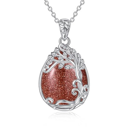 YAFEINI 925 Sterling Silver Moonstone Necklace Filigree Teardrop Pendant Necklace Jewelry for Women Girls - color: JJ-Tree of Life Gold Sand Stone Necklace