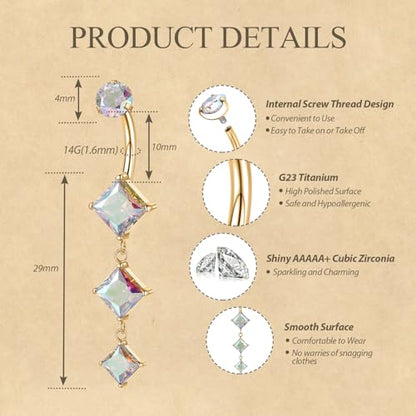 FUNLMO Dangle Belly Button Ring Titanium Belly Rings Belly Button Piercing Cube Zircon Internally Threaded Floating Navel Piercing Jewelry 14G 10mm - color: Gold,Aurora Borealis CZ