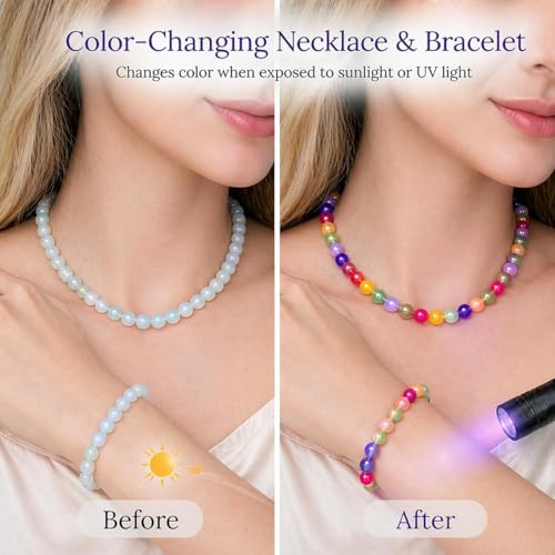 Dopamine Necklace UV Reactive Colorful Rainbow Beaded Necklace Dopamine Jewelry Set Color Changing Mood Necklaces Bracelet Earrings Summer Beach Vacation Gift for Women - color: B1：gold changing necklace