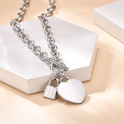 VNOX Personalized Initial Name Stainless Steel Trendy Cable Chain Bracelet Neckalce Set with Padlock Heart Charm and Toggle Clasp Closure - color: Silver Necklace