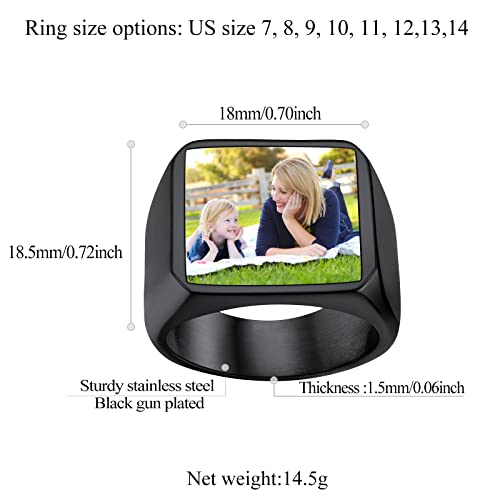 FindChic Customized Signet Photo Rings Square/Heart/Round Chunky Band Ring Stainless Steel/18K Gold Plated/Black Size 7 to 14 Personalized Jewelry for Men Women, Send Gift Box - color: 01. square-no stones (black)