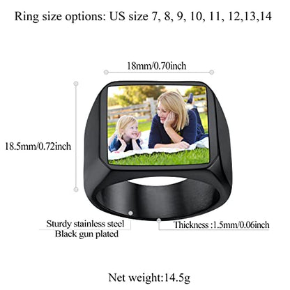 FindChic Customized Signet Photo Rings Square/Heart/Round Chunky Band Ring Stainless Steel/18K Gold Plated/Black Size 7 to 14 Personalized Jewelry for Men Women, Send Gift Box - color: 01. square-no stones (black)