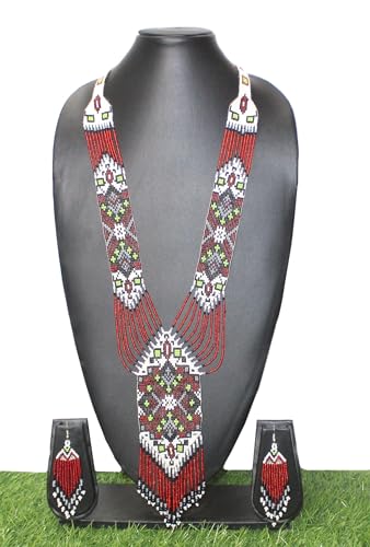 Long Beaded Necklace – Boho Native Handmade Seed Bead Tassel Necklace, Bohemian Large Statement Beaded Necklace for Women - color: Black-Red White