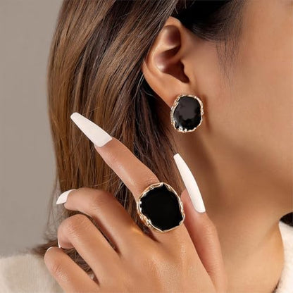 Statement Big Chunky Gold Black Two-tone Enamel Drip Ring Earrings Set for Women, Retro Large CZ Crystal Cocktail Rings Earring Geometric Jewelry Gift - color: Gold-3Pcs
