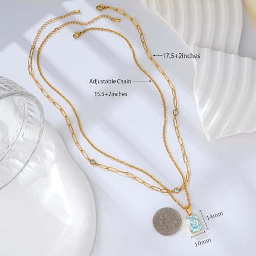 Birthstone Layered Pendant Paperclip Necklace 18k Gold Plated Heart Choker Chain Necklace Emerald Cut Jewelry Birthday Gift for Women - color: Emerald-Cut Aquamarine