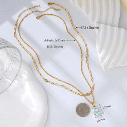 Birthstone Layered Pendant Paperclip Necklace 18k Gold Plated Heart Choker Chain Necklace Emerald Cut Jewelry Birthday Gift for Women - color: Emerald-Cut Aquamarine