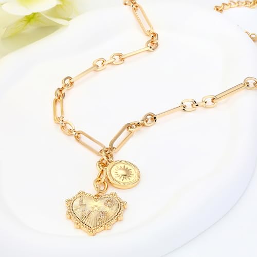 Chunky Gold Necklace for Women, 18K Waterproof Heart Necklace Statement Necklace Gold Charm Necklace Chunky Jewelry Paperclip Chain Choker Gift for Women - style: Shine Heart Pendant