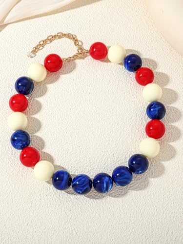 Chunky Beaded Necklaces for Women Statement Necklace | Bold Chunky Choker, Large Resin Beads, Adjustable Necklace, Boho Trendy Summer Beach Holiday Jewelry - color: Red white blue