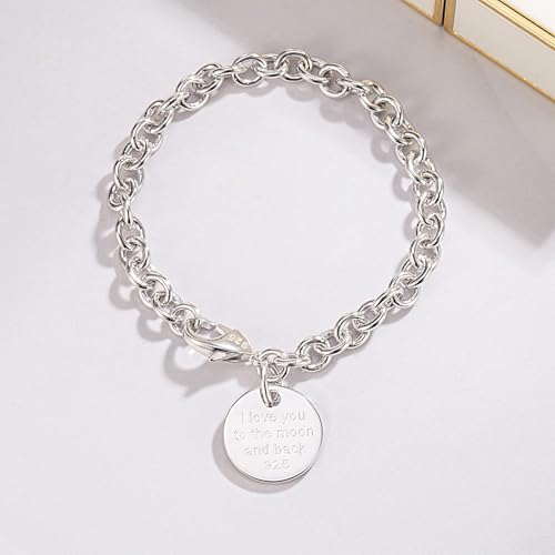 Dankadi Women 925 Sterling Silver Round Cable Wire Link Bracelet Charm Heart-Bell-Square-Circle Pendant Chain Bangle Fine Jewelry Gift For Wife Her - color: 6MM Silver Round Pendant, size: 8 in