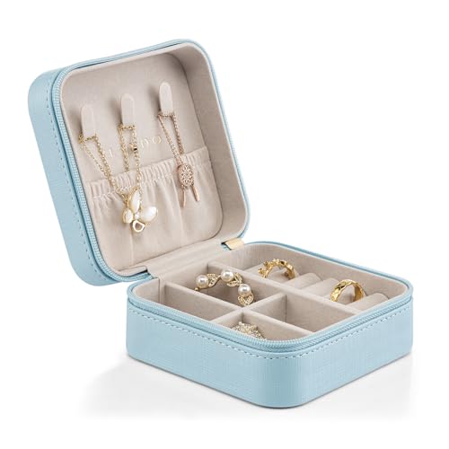 Vlando Small Travel Jewelry Box Organizer Display Case for Girls Women Gift Rings Earrings Necklaces Storage, Blue - color: Blue