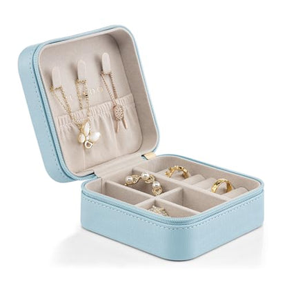 Vlando Small Travel Jewelry Box Organizer Display Case for Girls Women Gift Rings Earrings Necklaces Storage, Blue - color: Blue