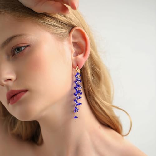 Fringe Hoop Dangle Earrings, Long Beads Tassel Chain Earrings for Women Sparkly Chandelier Earrings - color: Royal Blue