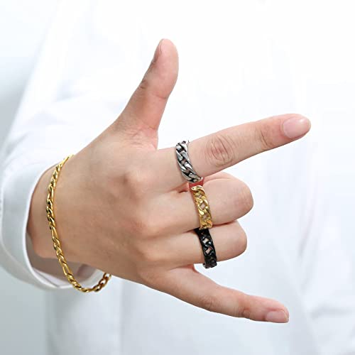 HZMAN Mens Stainless Steel 7mm Wide Band Cuban Link Chain Ring, Silver Gold Black - color: 7mm-Gold