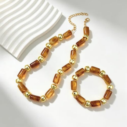 YBMYCM Colorful Resin Beaded Necklace Bracelet Set for Women, Adjustable Chunky Choker Necklace with Stretch Bracelet, Boho Statement Summer Beach Jewelry Gift for Her - color: Brown