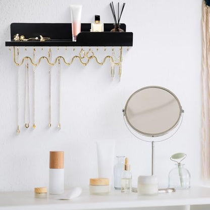 Hanging Jewelry Organizer with 29 Hooks and Cosmetics Shelf, Modern Wood Wall Mounted Jewelry Holder for Necklaces, Bracelets, Earrings and Rings, Black - color: Black