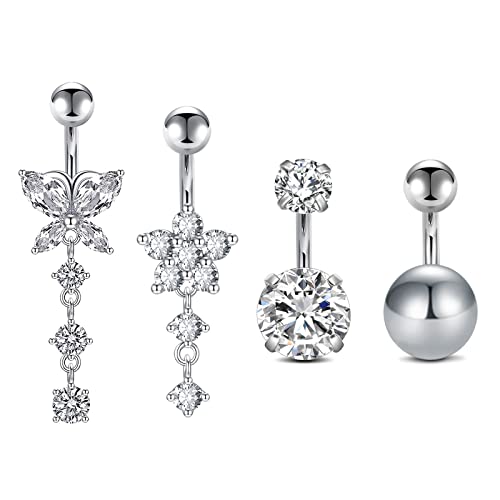 QWALIT Belly Rings - Short Bar Belly Button Rings in Surgical Steel with Opal Stones - 6mm & 10mm - color: F11-4pcs silver short 6mm