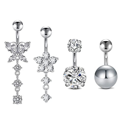 QWALIT Belly Rings - Short Bar Belly Button Rings in Surgical Steel with Opal Stones - 6mm & 10mm - color: F11-4pcs silver short 6mm