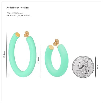 Gold Plated Multicolor Resin Chunky Thick Open Hoop Earrings in 57MM and 37.5MM Diameters - color: Green - Mint Green - Matte Finish, size: 37.5MM (1.48") Diameter