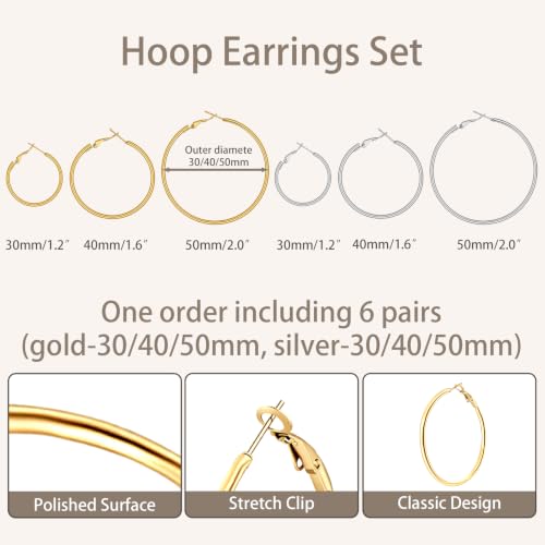 4/6 Pairs 14K Gold Plated Silver Hoop Earrings Set for Women Hypoallergenic | 30 40 50 60 mm, Lightweight Thin Hoops, 316L Surgical Stainless Steel for Sensitive Ears, Everyday Wear to Evening Outfits - color: 6 Pairs(30/40/50mm)-Silver/Gold