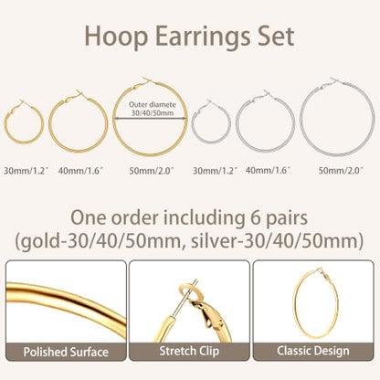 4/6 Pairs 14K Gold Plated Silver Hoop Earrings Set for Women Hypoallergenic | 30 40 50 60 mm, Lightweight Thin Hoops, 316L Surgical Stainless Steel for Sensitive Ears, Everyday Wear to Evening Outfits - color: 6 Pairs(30/40/50mm)-Silver/Gold