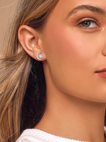 Suplight Sterling Silver Moon and Star Birthstone Crystal for Women with Dainty Silver Necklaces/Stud Earrings 1-12 Month Birthstone Emerald Pendant Sparkling Cubic Zirconia Gem Dainty Jewelry for Birthday Everyday - color: 04.April ( Clear Quartz)