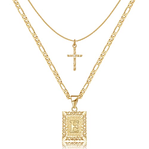 KELORIS PATH Gold Layered Initial Cross Necklace, 14K Gold Plated Layering Square Letter Pendant Figaro Chain Cross Choker from A-Z Capital Jewelry for Women Girls | 14K Gold Plated Square/Hexagon Letter Pendant with Figaro Chain, Stackable Jewelry Gifts,