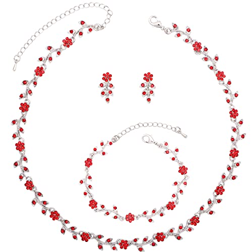 Austrian Crystal Rhinestone Choker Necklace Dangle Earring Link Bracelet Jewelry Set for Brides Bridesmaid Prom Costume Accessories for Women - color: En001-Siam-Platinum Plated