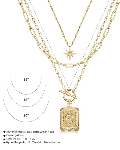 MJartoria Layered Necklaces for Women, 14K Gold Plated Brass | Star Choker, Square Birth Flower, Paperclip Chain, Trendy - color: Gold, style: Z04-Daisy