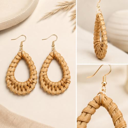 Handmade Rattan Teardrop Dangle Earrings for Women, Lightweight Boho Woven Statement Earrings with Gold Fish Hook, Natural Straw Weave Vacation Jewelry for Summer Beach - style: Tear Drop