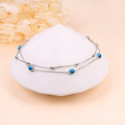 Flyow Anklet for Women S925 Sterling Silver Adjustable Foot Beaded Heart Charm Ankle Bracelet Anklets Jewelry - style: turquoise