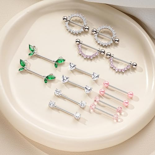 G&O JFU 7 Pairs 14G Nipple Rings Set – Stainless Steel Straight Barbell with CZ Stones, Gold Plated & Silver Tone, Butterfly Back Pink Nipple Piercing Jewelry for Women - color: Silver Pink Nipple Piercing Jewelry