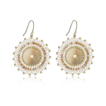 Colorful Bead Earrings For Women Summer Beach Handmade Bead Earrings Bohemia Hoop Dangle Earring For women - color: Off white